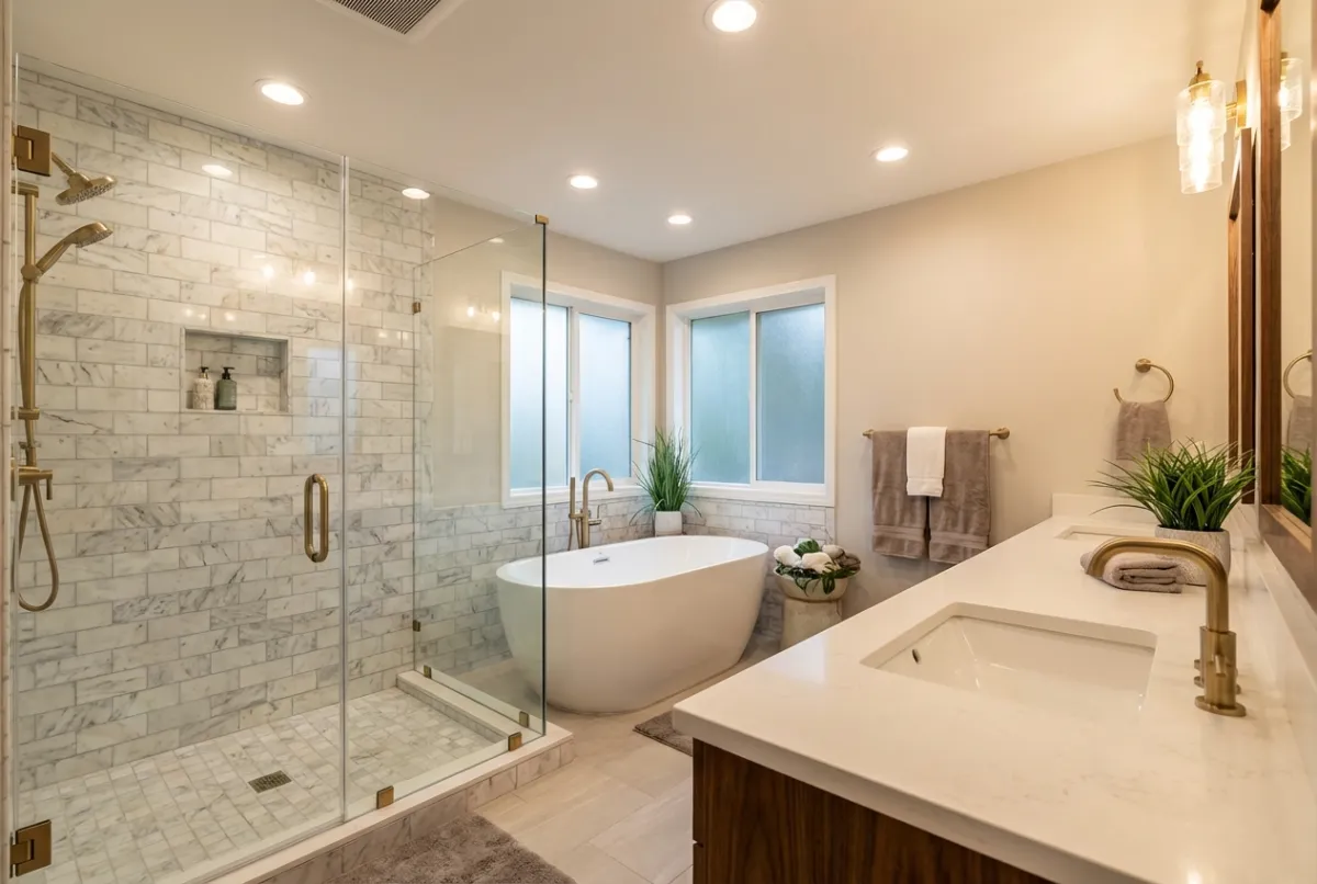 Luxury master bathroom with freestanding tub and glass shower in Maryland