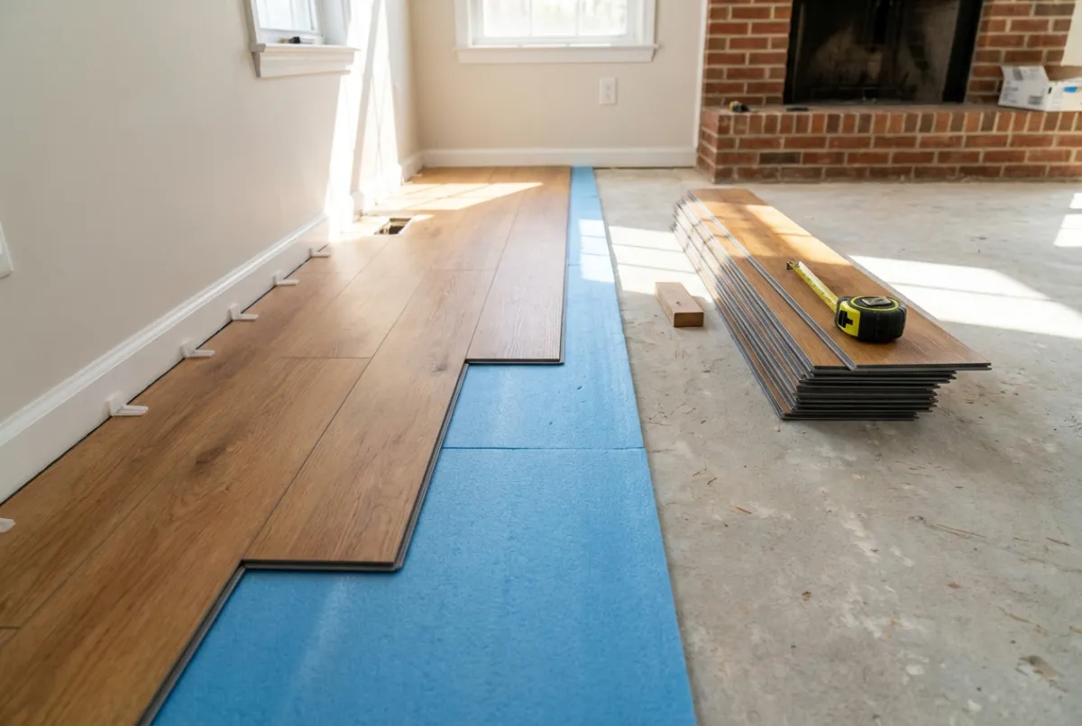 LVP flooring installation with click-lock system and underlayment