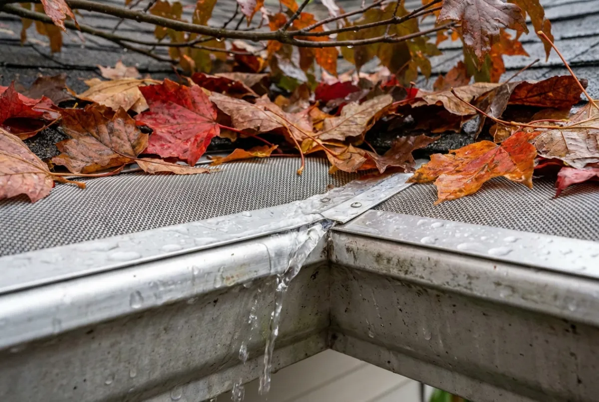 Micro-mesh gutter guard deflecting autumn leaves during rain