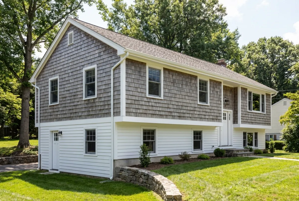 Mixed shake and lap siding on split-level home in Maryland