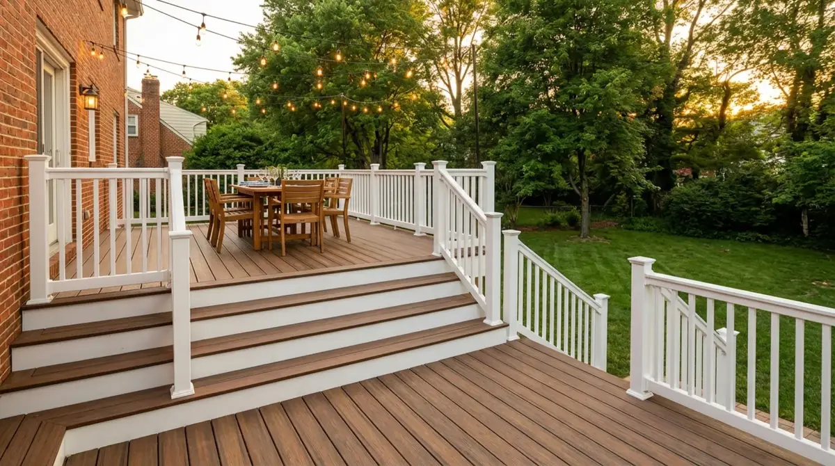 Multi-level composite deck with string lights at golden hour