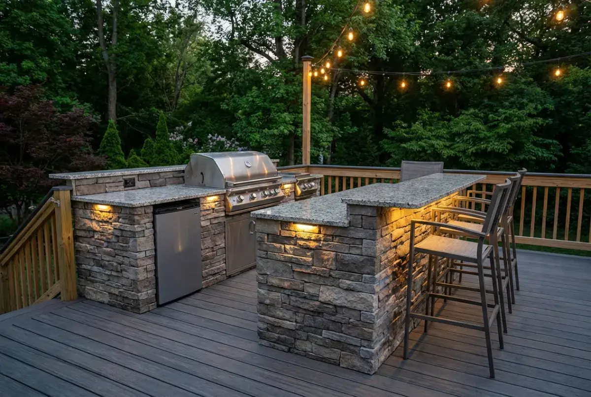 Outdoor kitchen with stone grill island on composite deck