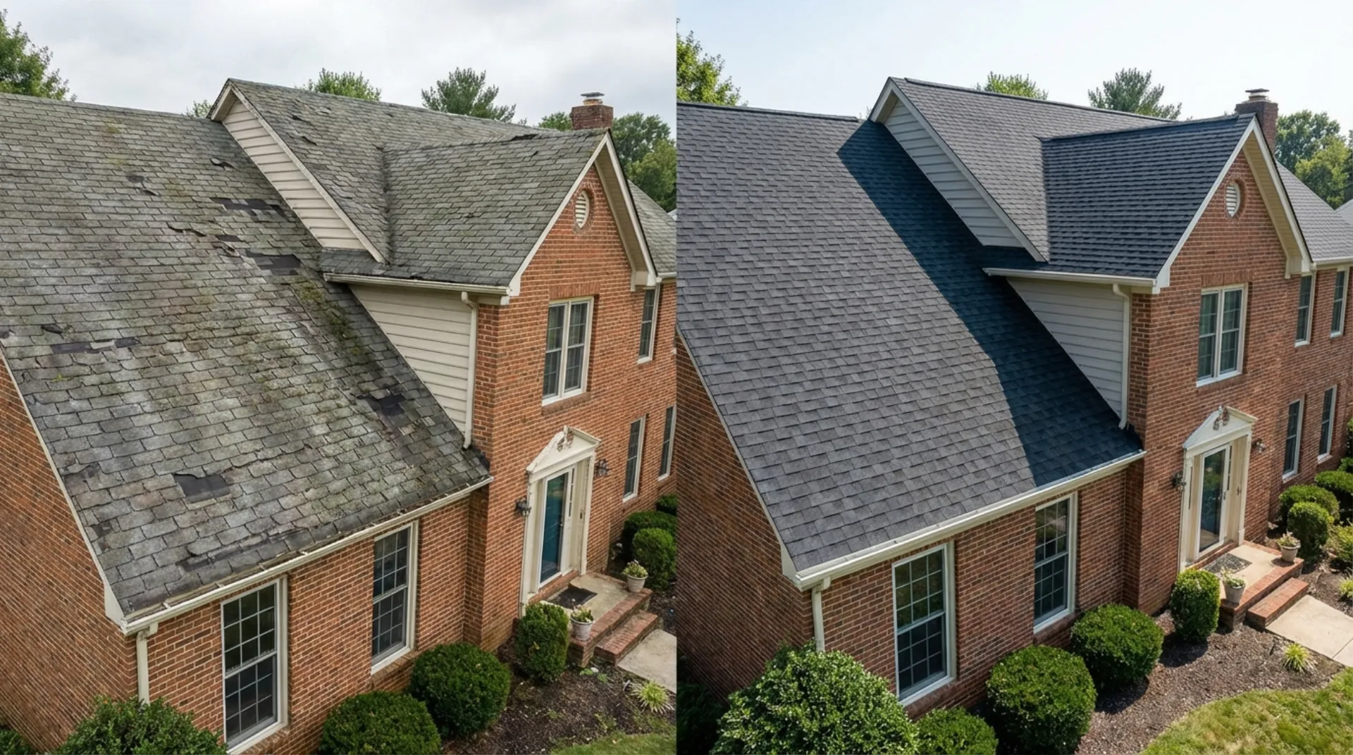 Before and after roof replacement on brick colonial home in Maryland