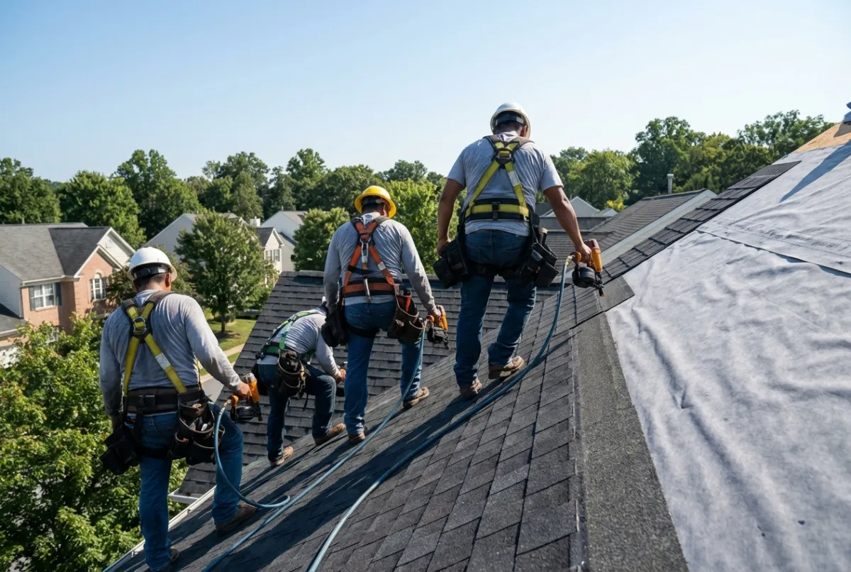 Roofing crew wearing safety harnesses during shingle installation on Maryland home