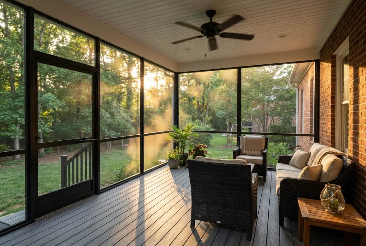 Screened porch with composite decking and ceiling fan in Maryland