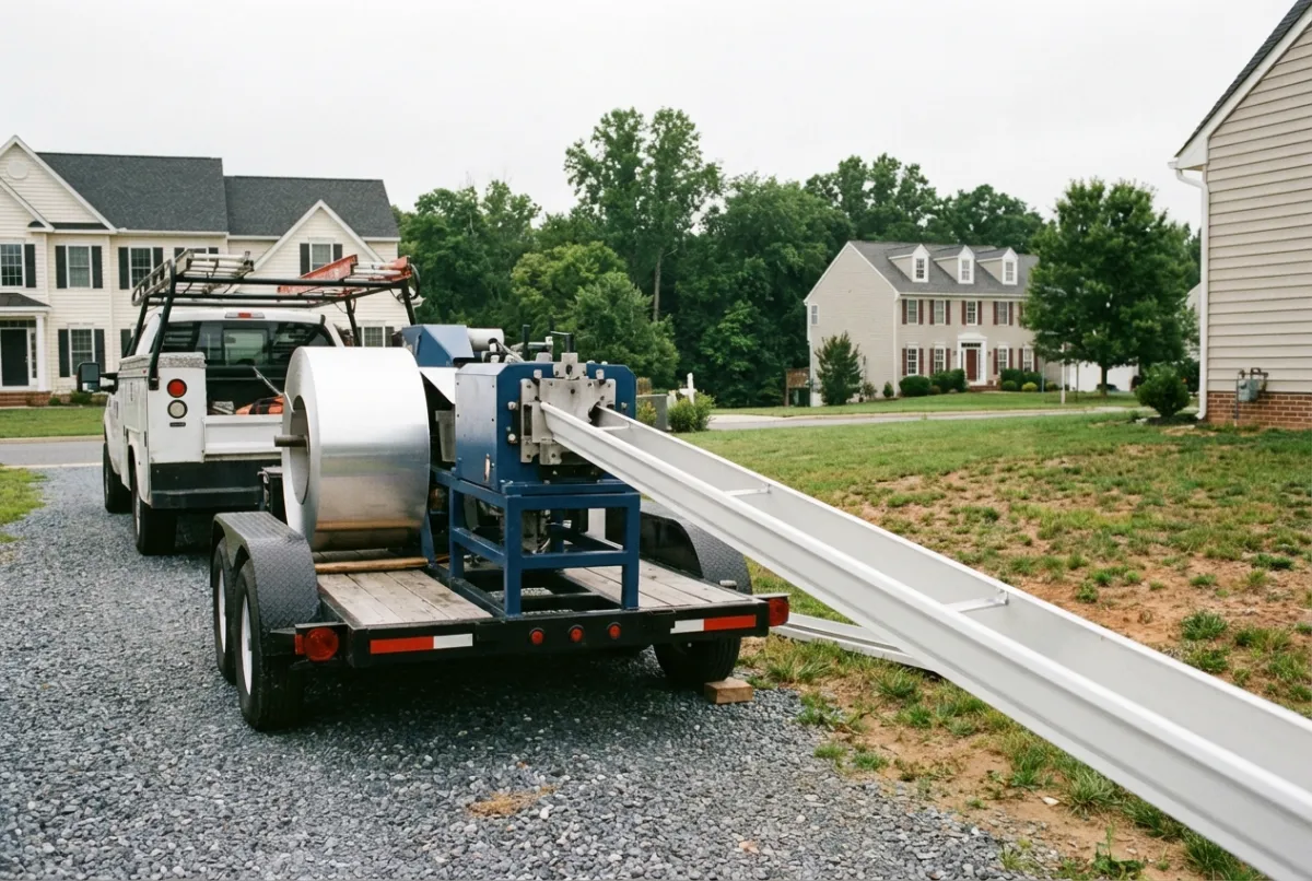 Seamless gutter forming machine on trailer at jobsite fabricating gutters on-site