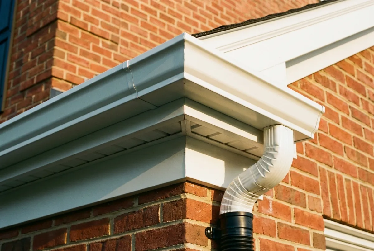 Seamless K-style gutter and downspout installed on brick home in Maryland