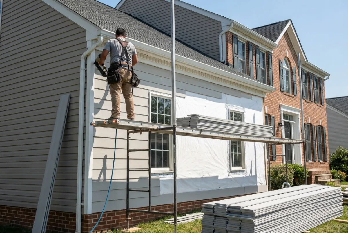 Siding contractor installing fiber cement panels from scaffolding on Maryland home