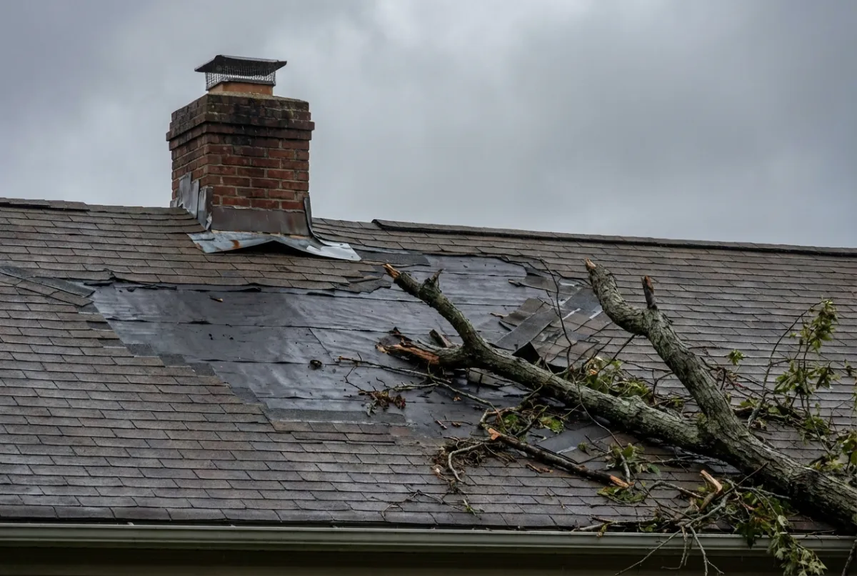 Storm-damaged roof with missing shingles and fallen tree branch in Maryland