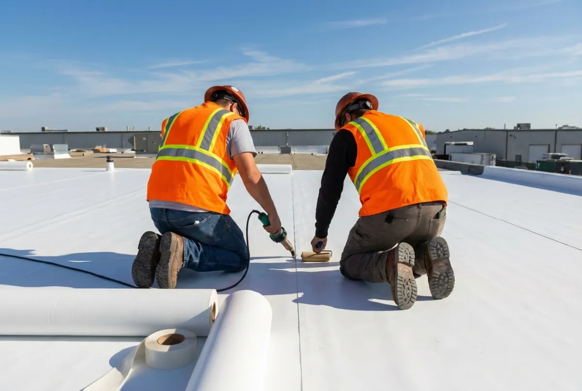 TPO membrane heat welding seam on commercial roof installation