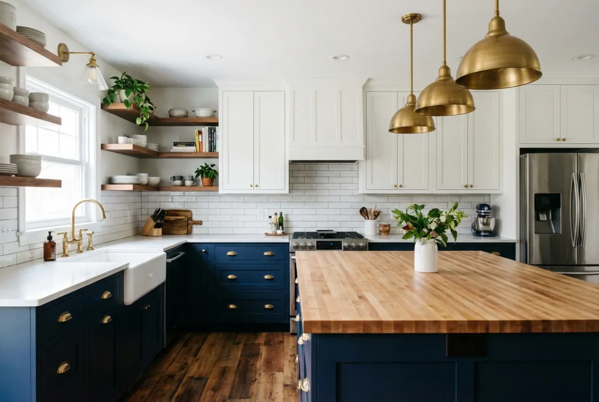 Two-tone navy and white kitchen with butcher block island