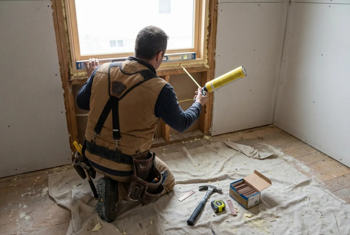 Window installer applying foam insulation and shimming replacement window